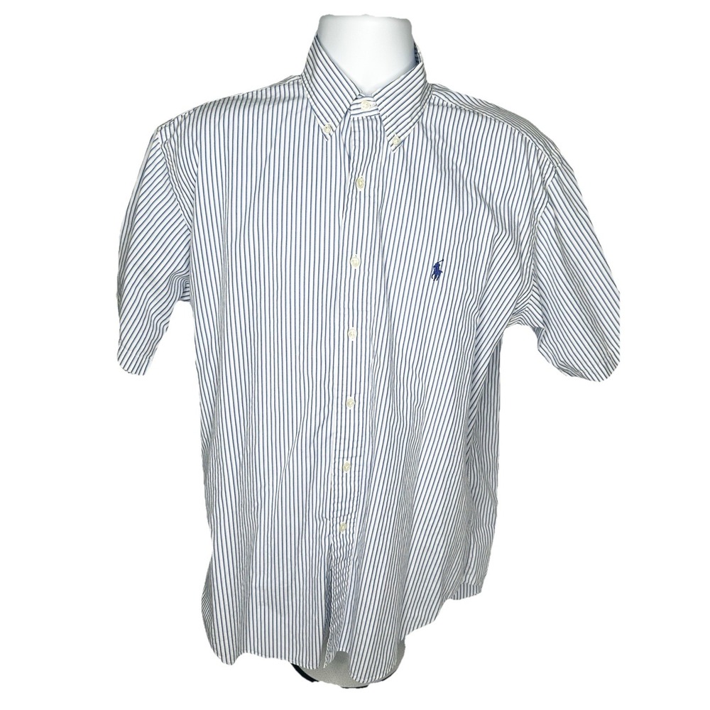 Ralph Lauren Shirt Men Med Blue/White Stripe Blake Short Sleeve Button Down Pony